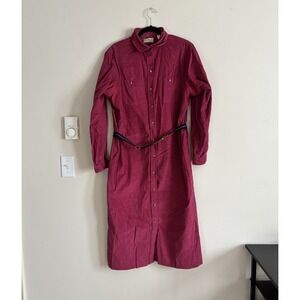 Vtg LL Bean Corduroy Button Up Belted Dress Cottagecore Classic Size 20 Berry